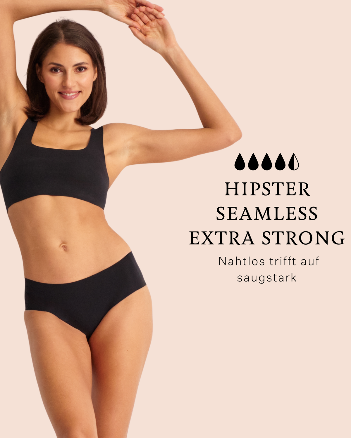 Periodenunterwäsche von ooia in Schwarz, auslaufsicherer Hipster Seamless Extra Strong als Teil des Seamless Sport Set für einen unsichtbaren Komfort während des Sports.