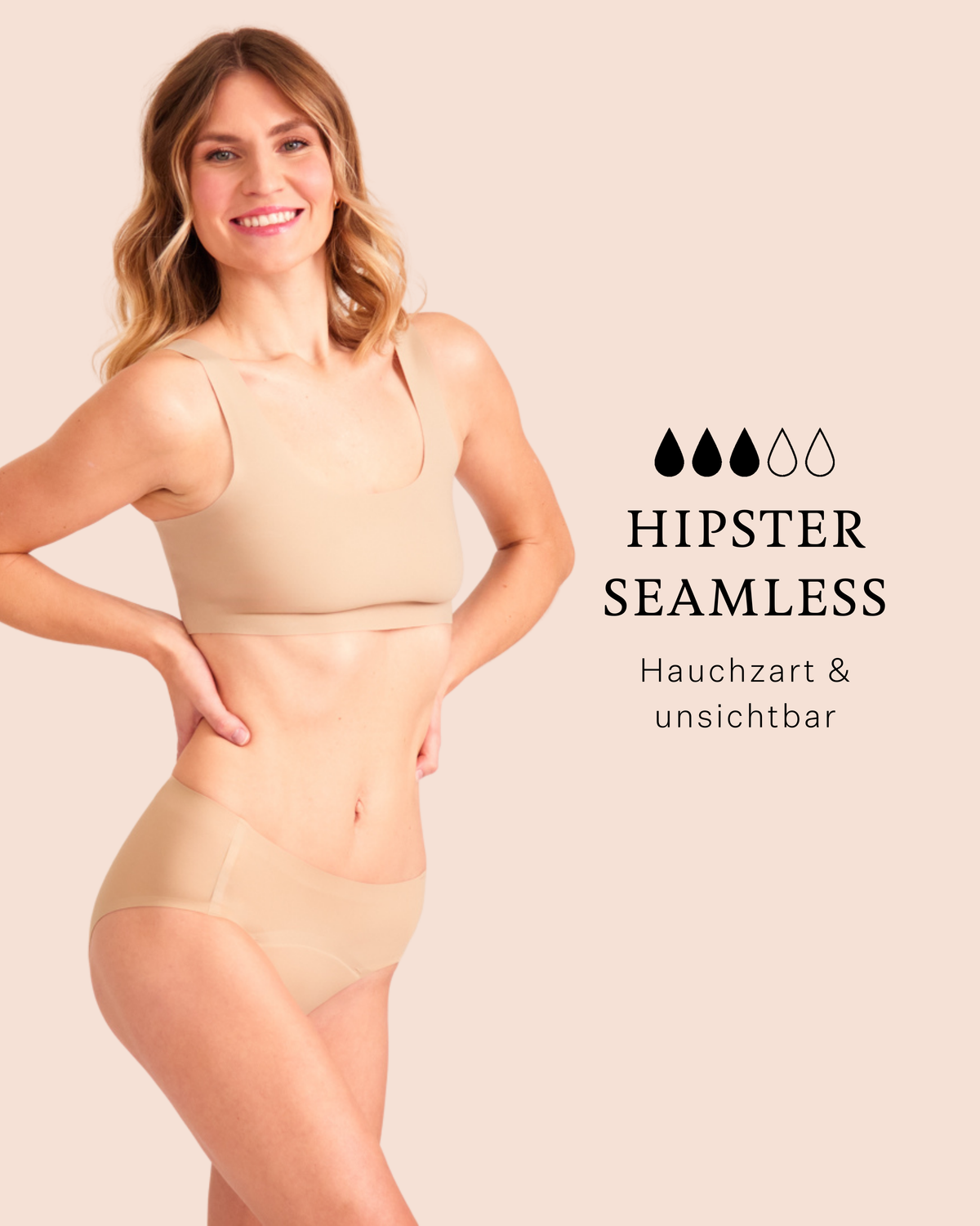 Periodenunterwäsche von ooia in Beige, auslaufsicherer Hipster Seamless als Teil des Seamless Sport Set für einen hauchzarten & unsichtbaren Komfort während des Sports.